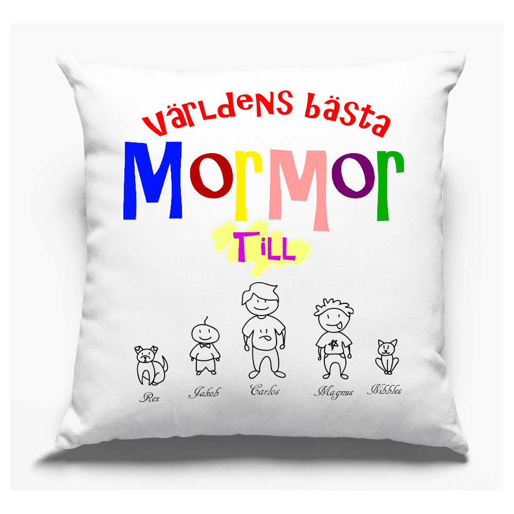 Mormor personligt kuddfodral med eget tryck barnbarn familj design