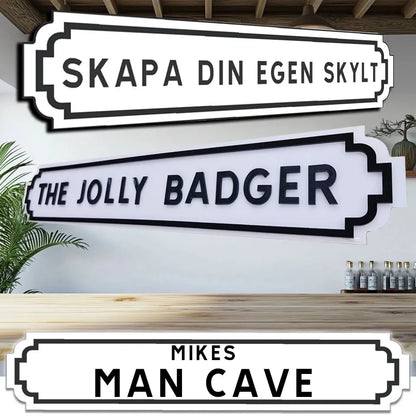 Akryl laser cut skylt med egen text - Vit & Svart