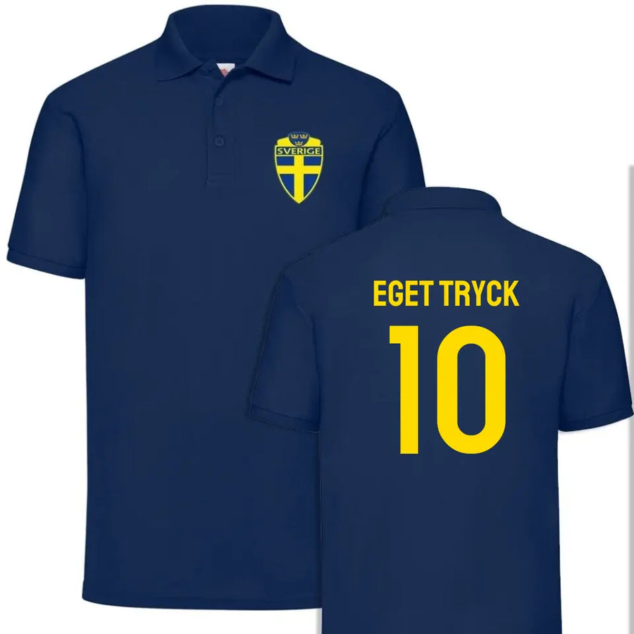 Sverige Piké t-shirt tröja i marinblå med eget namn & nummer tryck bak