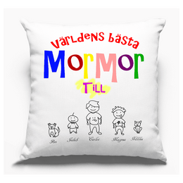 Mormor personligt kuddfodral med eget tryck barnbarn familj design