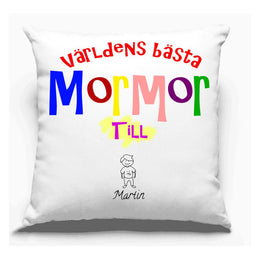 Mormor personligt kuddfodral med eget tryck barnbarn familj design