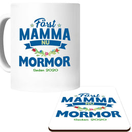 Först mamma nu mormor mugg & underlägg paket med personligt tryck