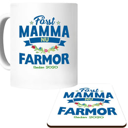 Först mamma nu farmor mugg & underlägg paket med personligt tryck